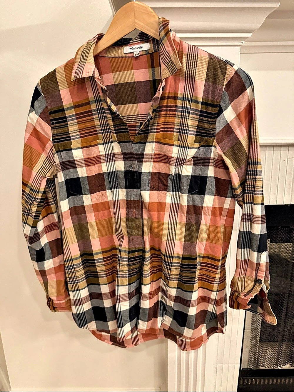 Madewell Plaid Button Down Shirt Pink Brown Cotton Lyocell Size S